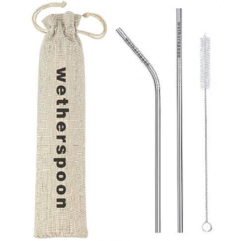 Branded Reusable Metal Straws - Drawstring Pouch Includes Cleaning Brush